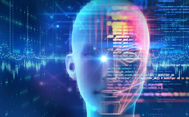 Human silhouette encountering AI in a distorted mirror